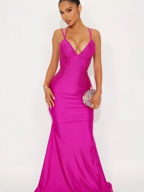 Fuchsia Beaded Spaghetti-Strap Evening Gown